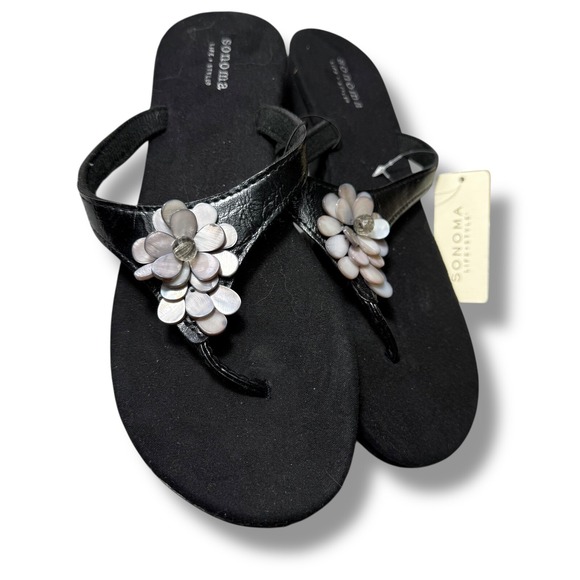 Sonoma Flower Thong Sandals Beach Pool Summer Slides Black Sz 7, 8 - Picture 4 of 5